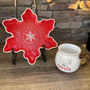 Hallmark Red Snowflake Cookie Christmas Holiday  Platter W/Cocoa Mug For Santa